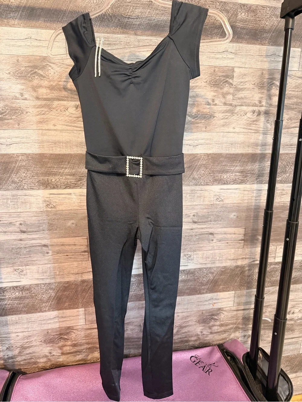 Weissman Black Dance Leotard Jumpsuit with Pearl Buckle